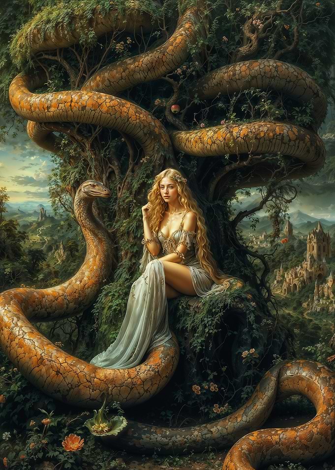 Eve and Serpent in Eden Garden Allegory
