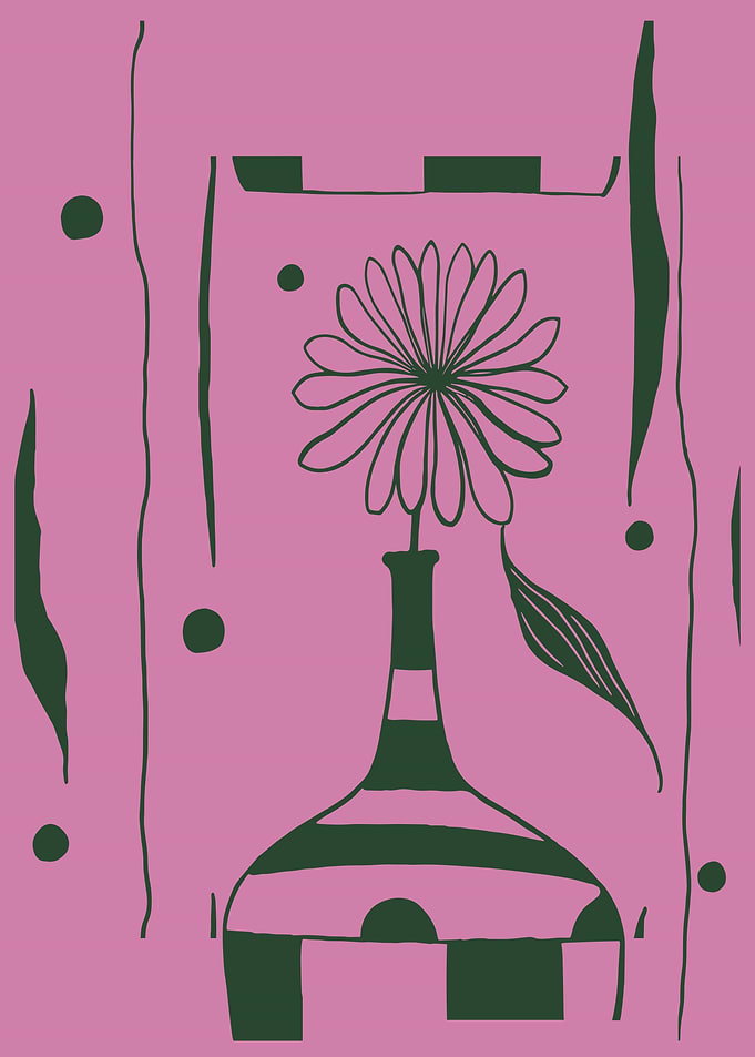 Whimsical Flower in Patterned Vase in Pink and Green