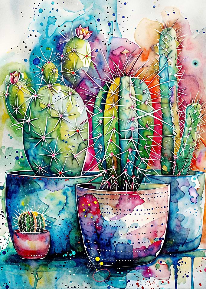 Vibrant Watercolor Cactus Art
