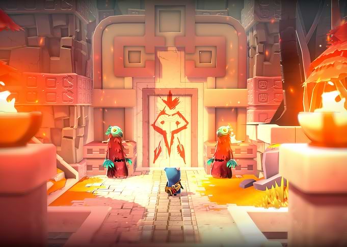 Game Character at Temple Entrance