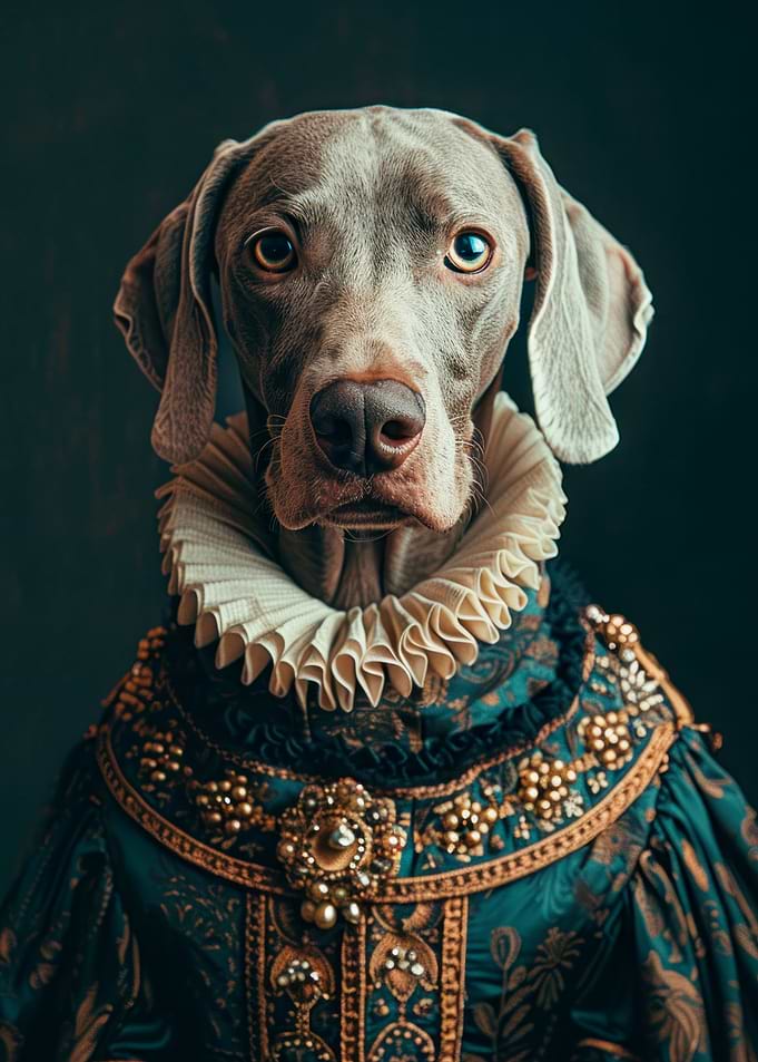 Weimaraner dog dressed in a fancy, elegant queen outfit