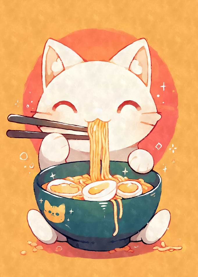 Cute Cat Eating Ramen