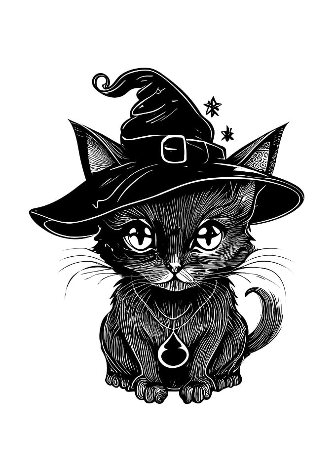 HAPPY HALLOWEEN black CAT with a witch hat a Halloween Cat