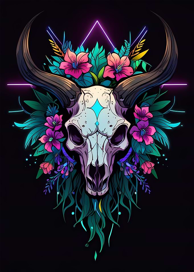 Neon Skull with Flowers