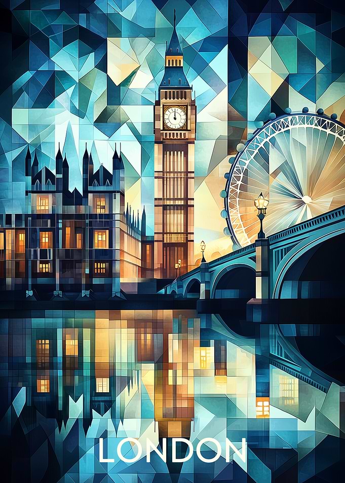 Abstract Cubist London Skyline with Iconic Landmarks