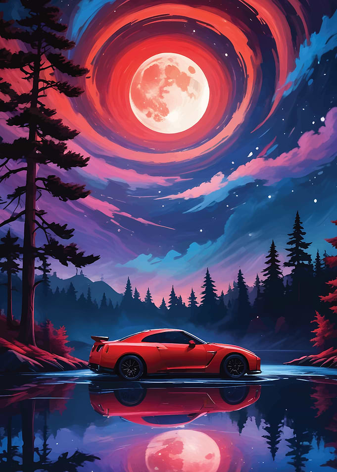 Red Car Under Blood Moon