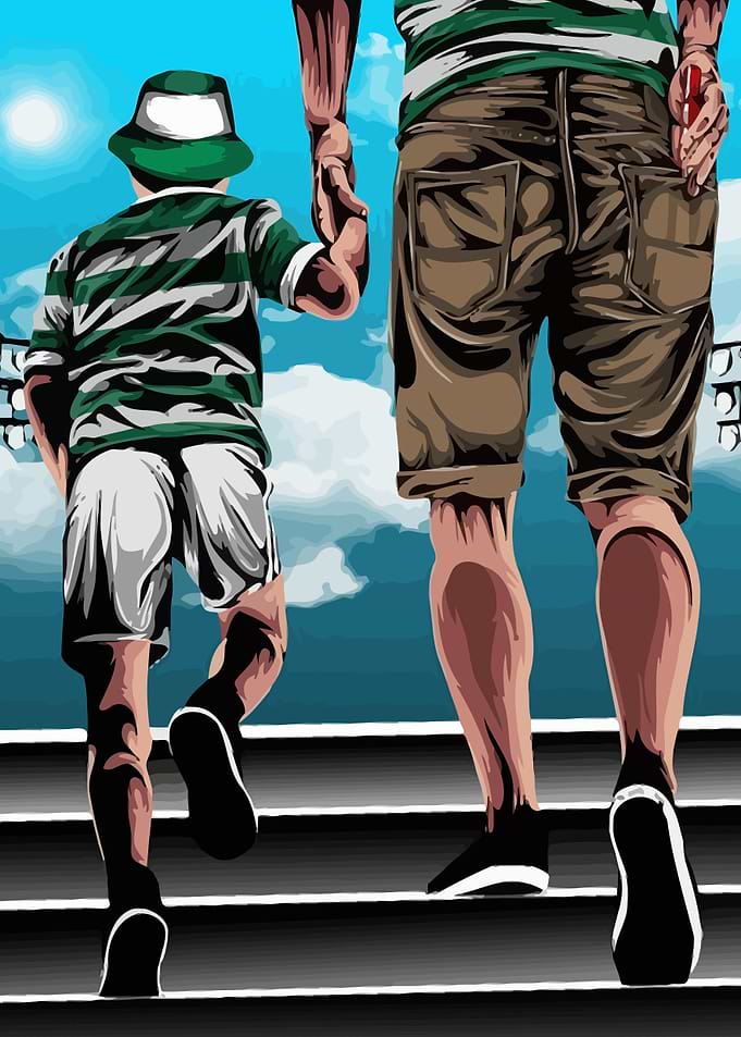 Father and Son Walking Up Stairs
