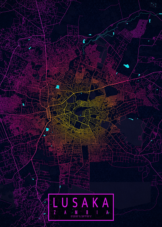 Lusaka City Map Zambia Neon