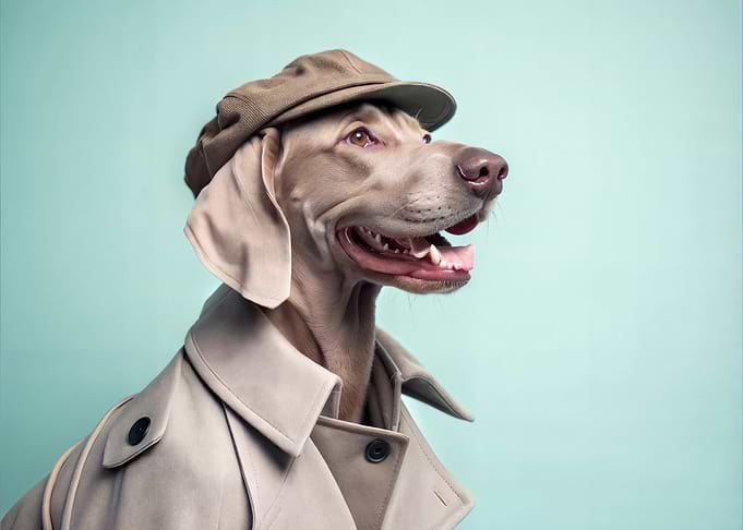 An smiley weimaraner in a overcoat from the 40s