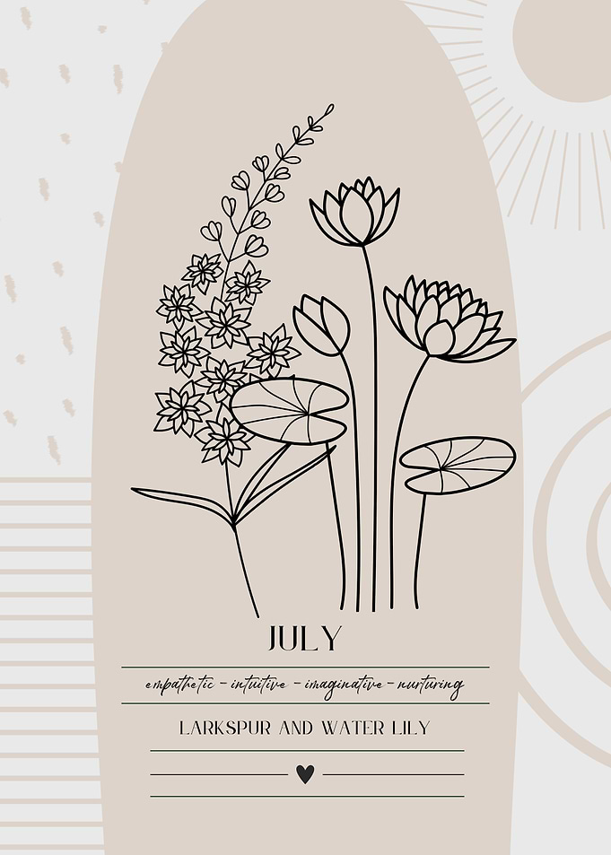 July Birth Flower Larkspur Water Lily Boho Botanical