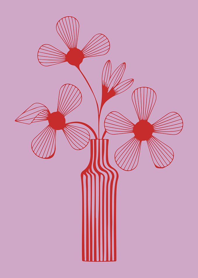 Elegant Line Art Flowers in a Vase Red and Lavender
