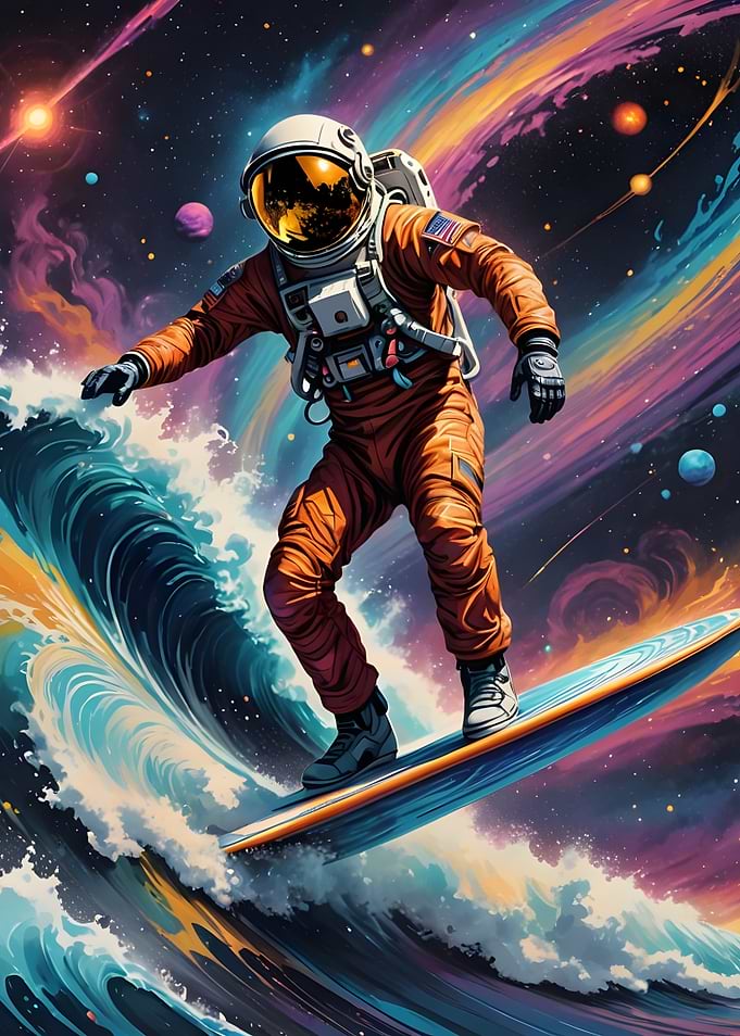 Astronaut Surfer in a Cosmic Sea