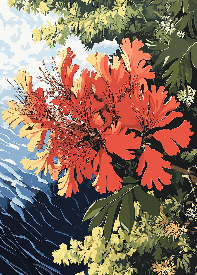 Red Flower with Blue Water