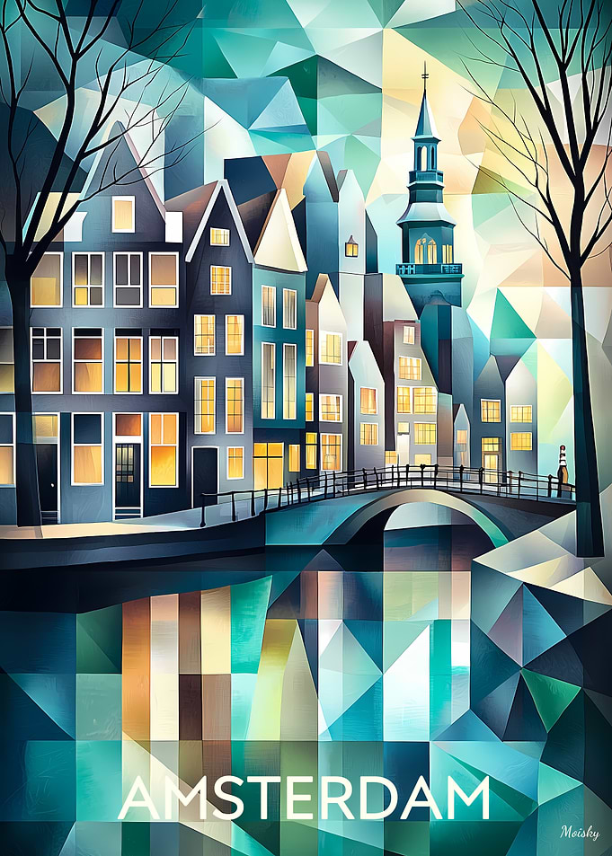 Cubist Amsterdam Skyline with Iconic Canals