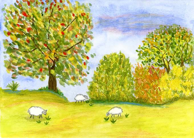 Autumn Meadow with Sheep Watercolor