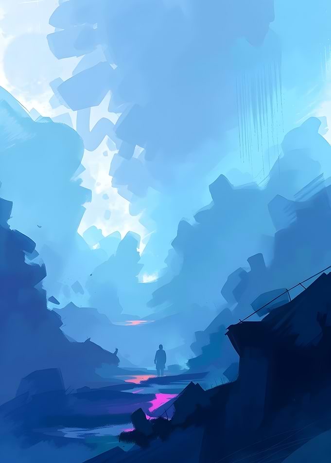 Lonely Figure in Blue Landscape