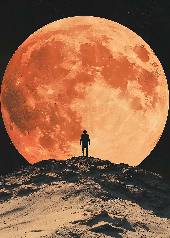 Silhouette Against Red Moon