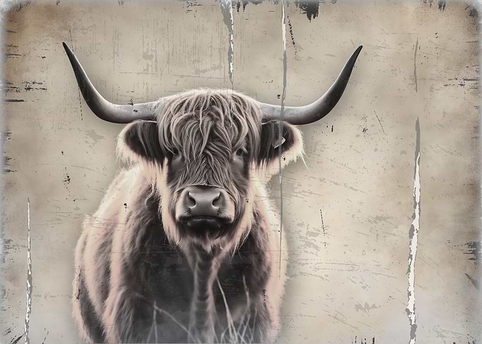 Highland Cow on Grunge Distressed Background