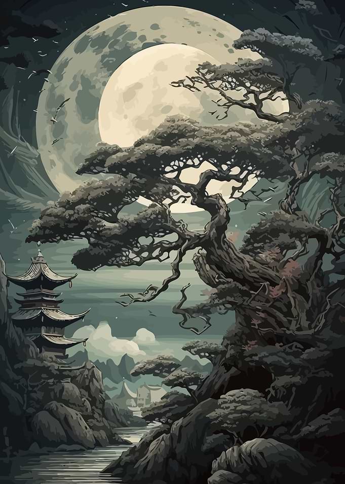 Moonlit Japanese Landscape