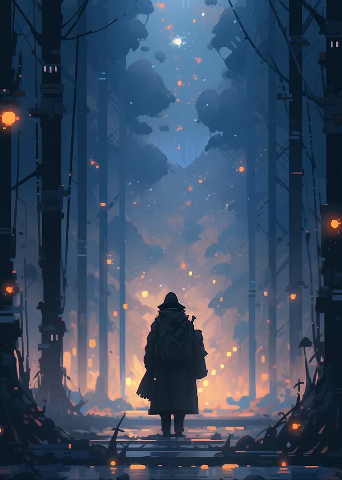 Silhouetted Figure in a Mystical Forest