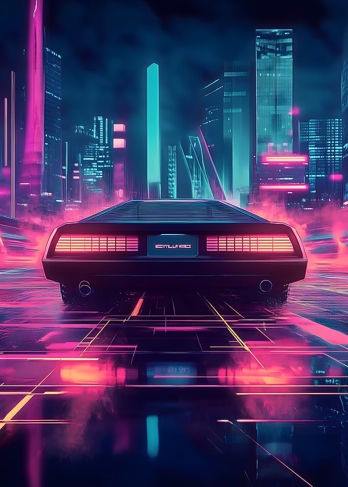 Retro Car Futuristic Cityscape