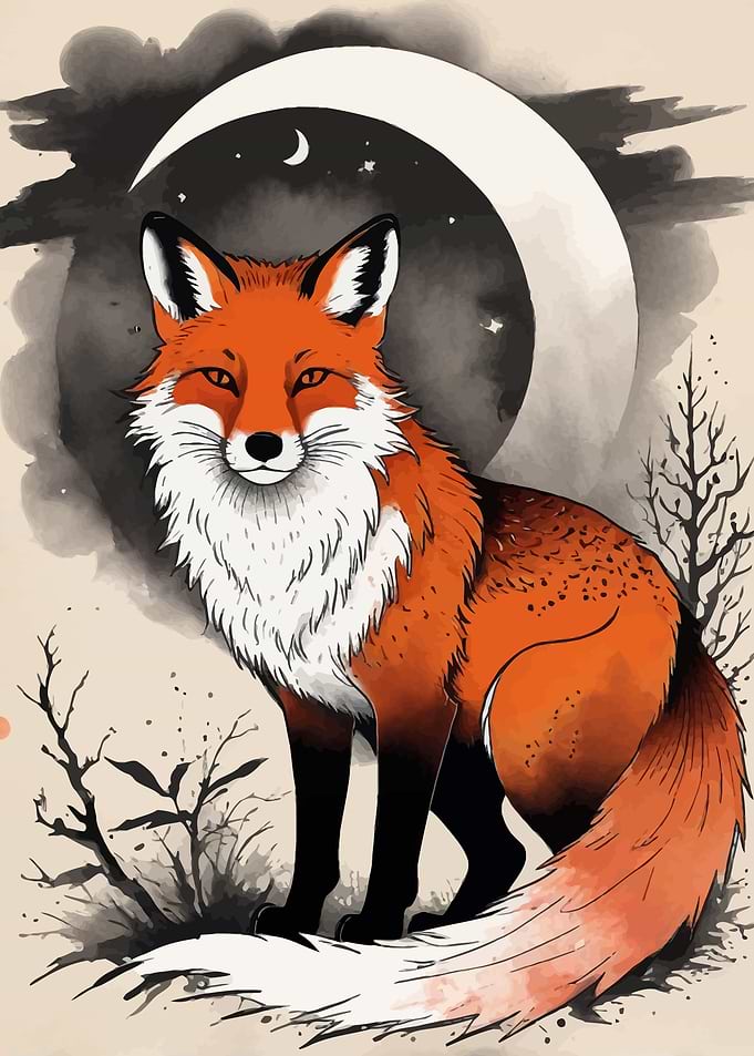 Fox Under the Crescent Moon