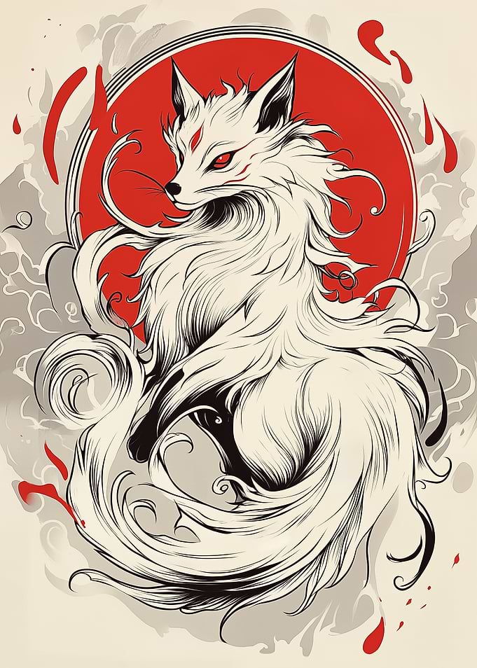 White Kitsune Fox with Red Sun