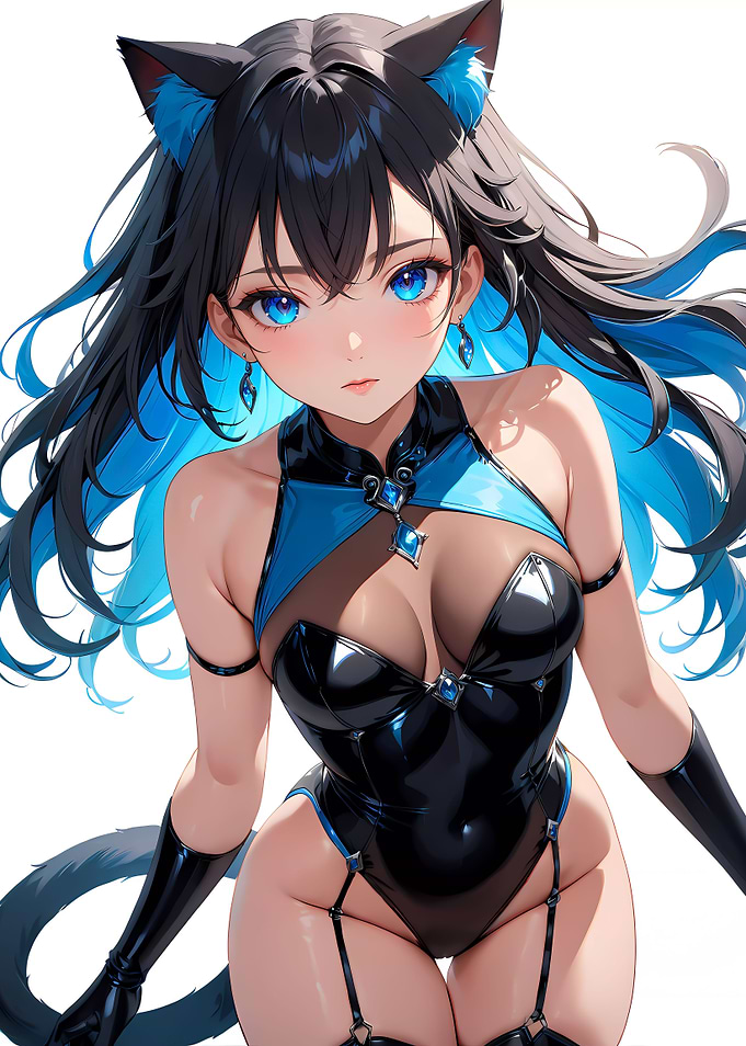 Anime Cat Girl in Black Late Bodysuit - Blue Series Collection 04