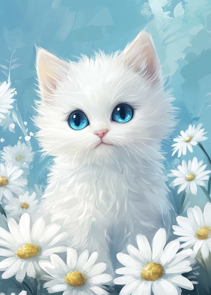 White Kitten with Daisies