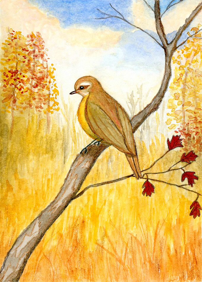 Autumn Bird on Branch Watercolor