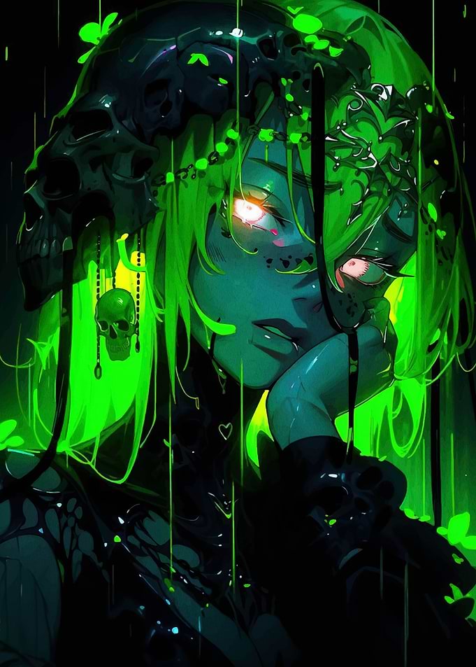 Green Anime Girl with Skulls
