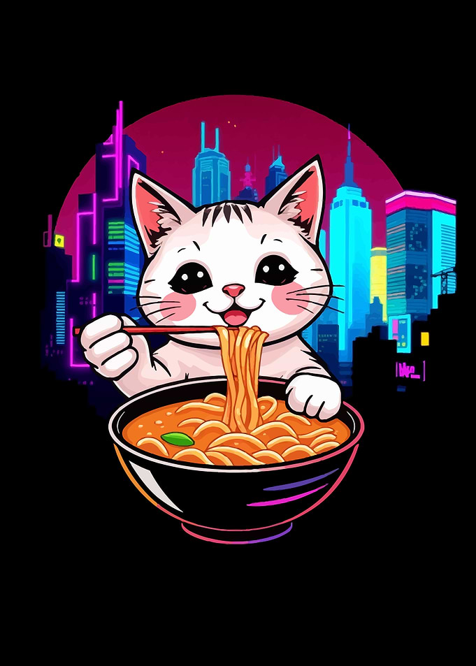 Cat Eating Ramen in Neon City