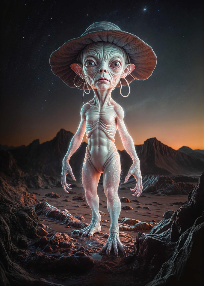 Cosmic Wanderer: Alien in Desert Landscape