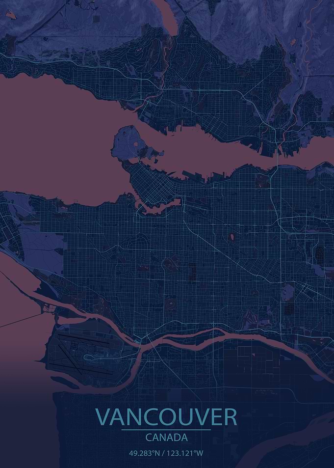 Vancouver, Canada Blue and Purple City Map