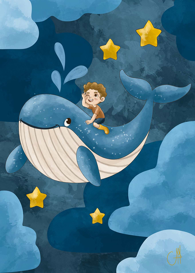 Boy Riding Whale in Sky