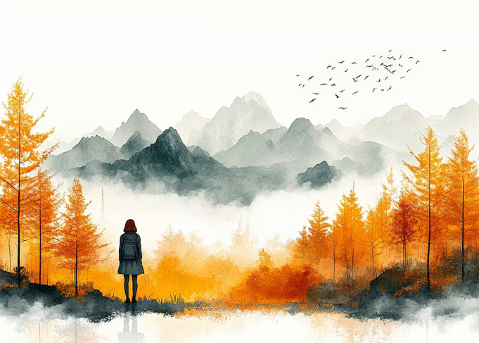 Woman Gazing at Mountains
