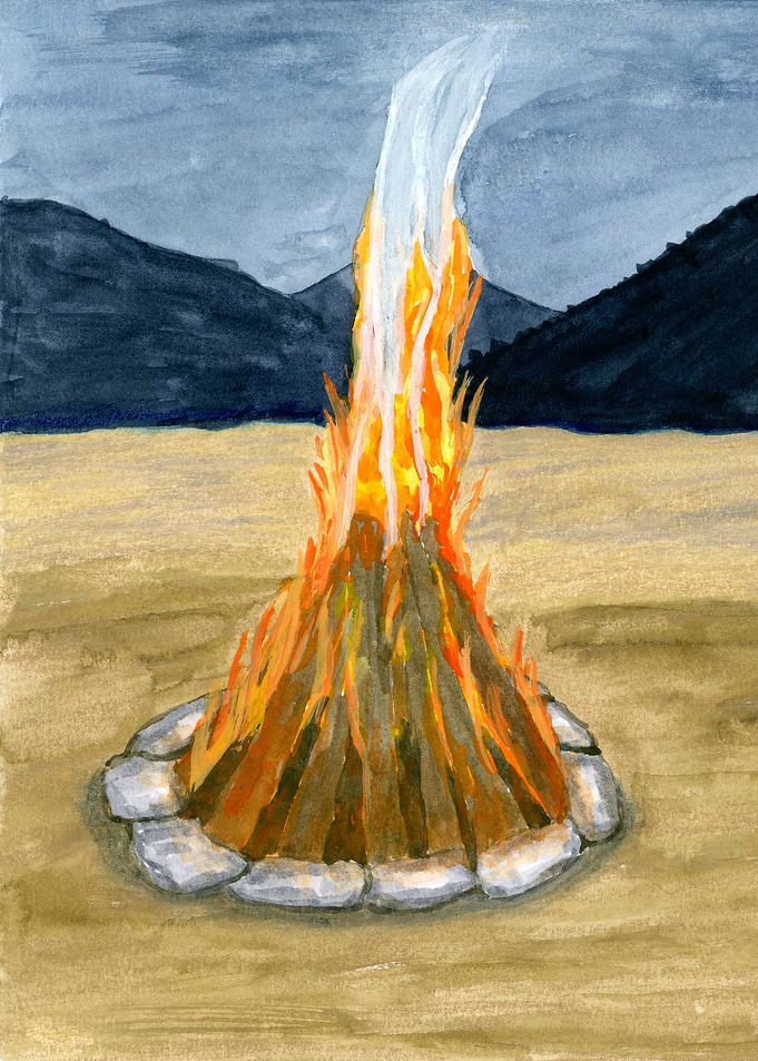 Evening Bonfire Watercolor Landscape