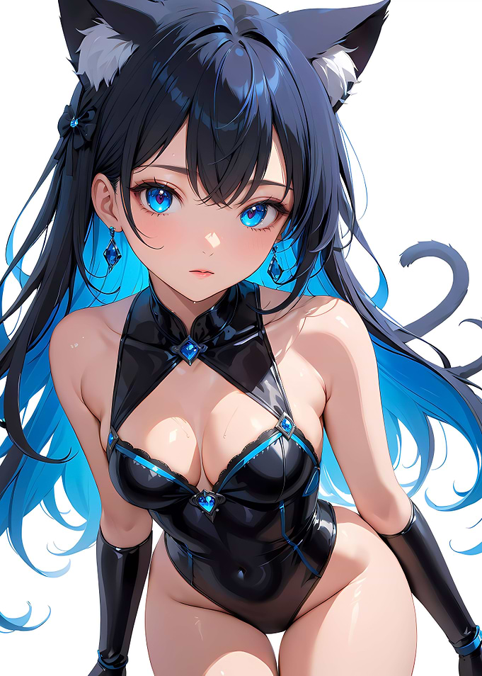 Anime Cat Girl in Black Bodysuit - Blue Series Collection 01