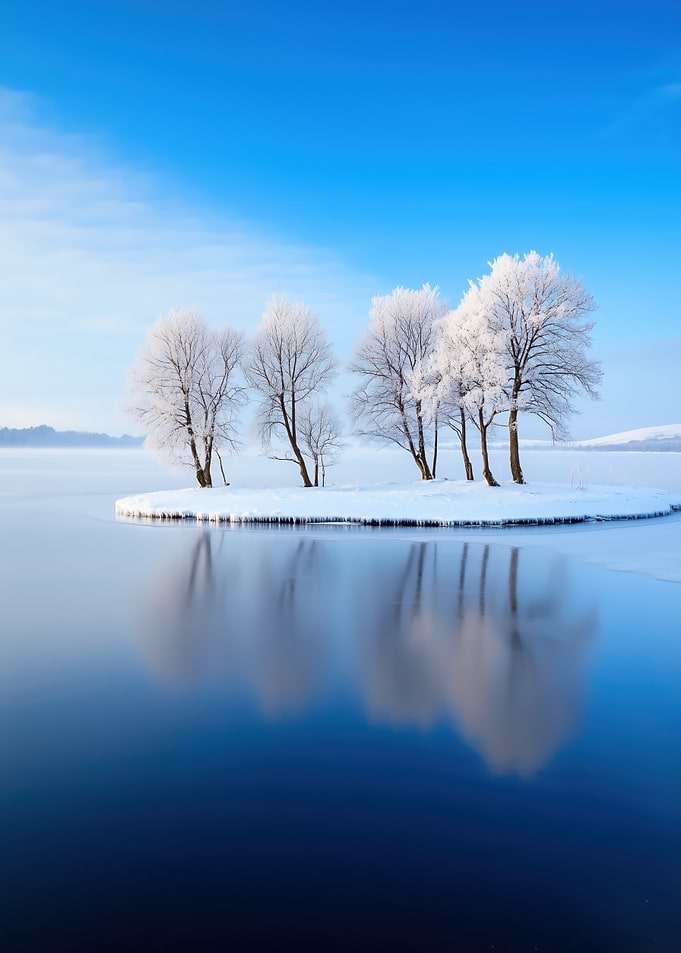 Snowy Island in a Frozen Lake