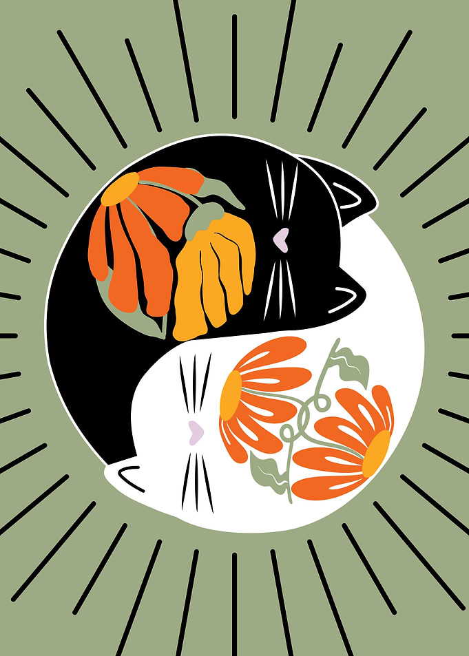 Boho Yin Yang Cats with Floral Accents