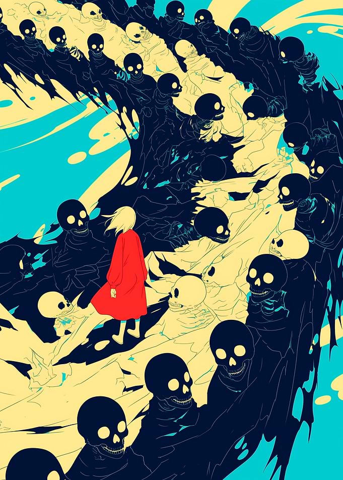 Woman Walking Through Skulls