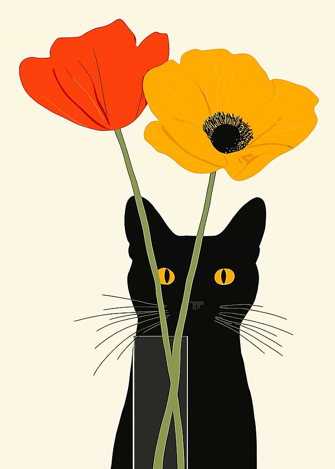 Black Cat with Flowers
