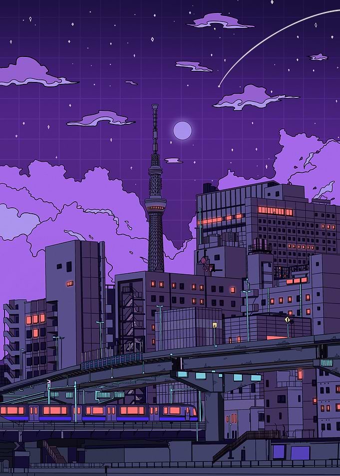 Train, Buildings of Tokyo at Night