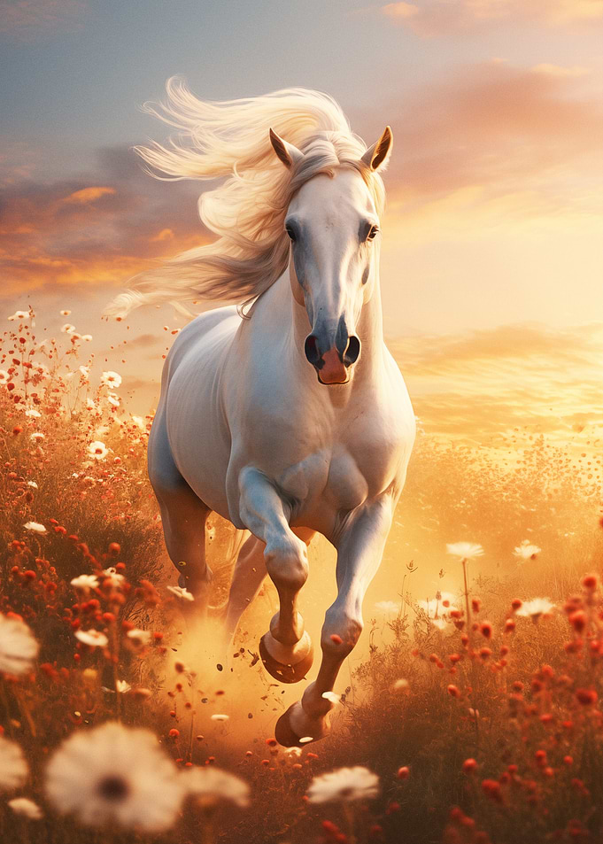 White Horse Running Sunset