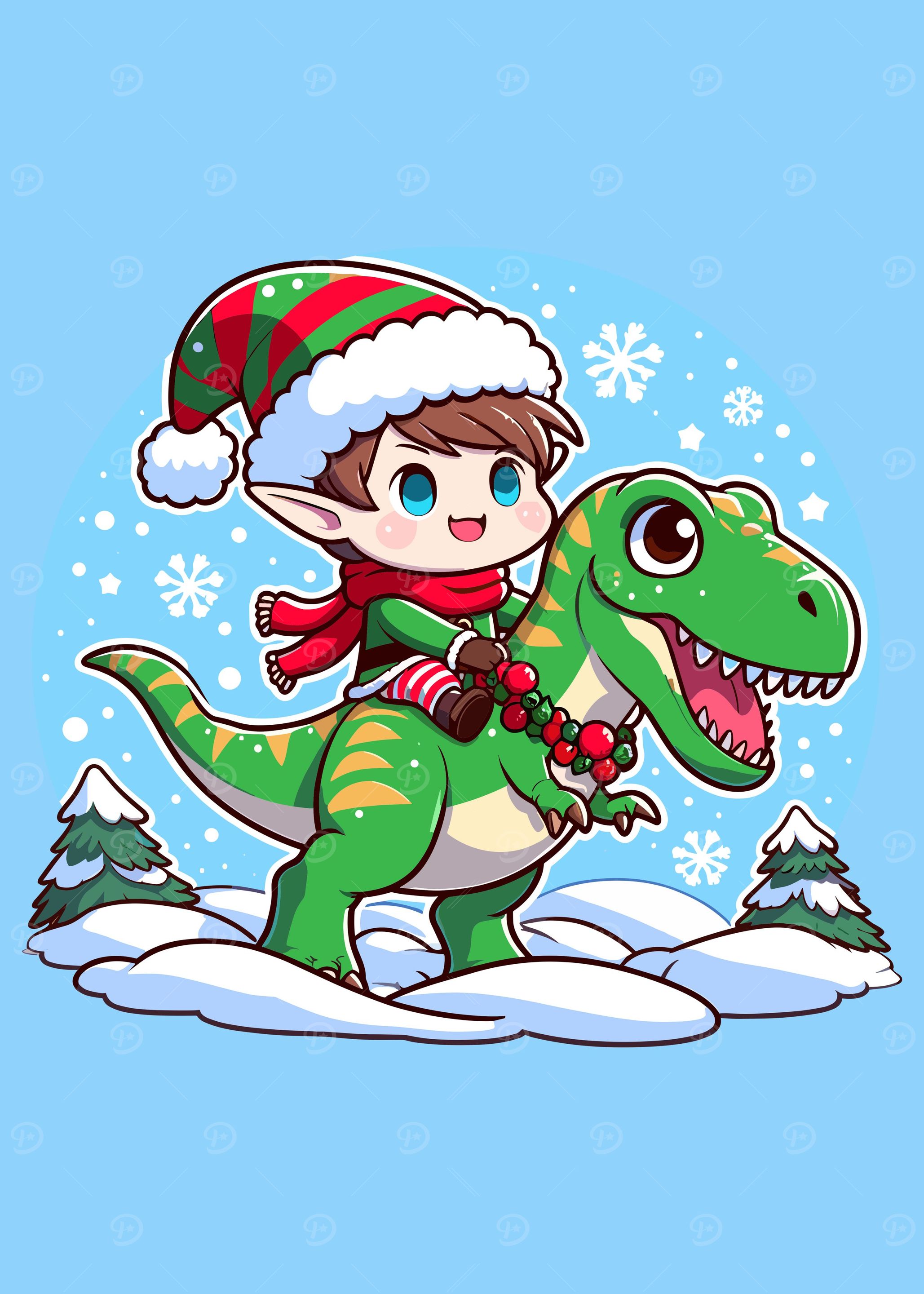 Christmas Elf Riding Dinosaur