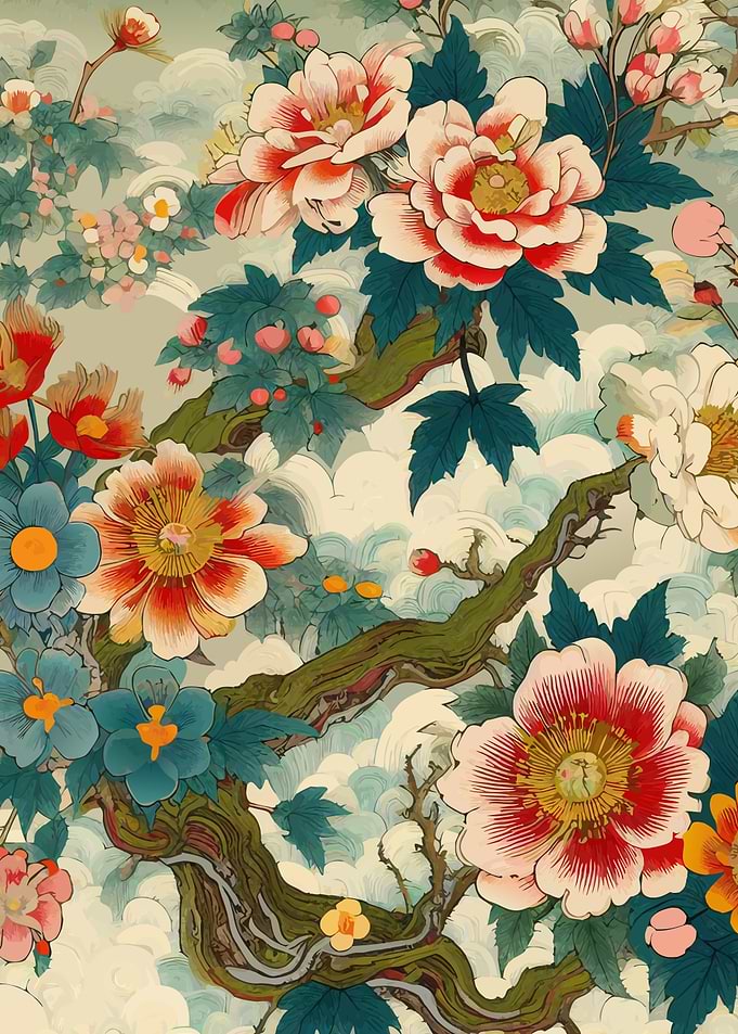 Japanese Floral Ukiyo-E Art