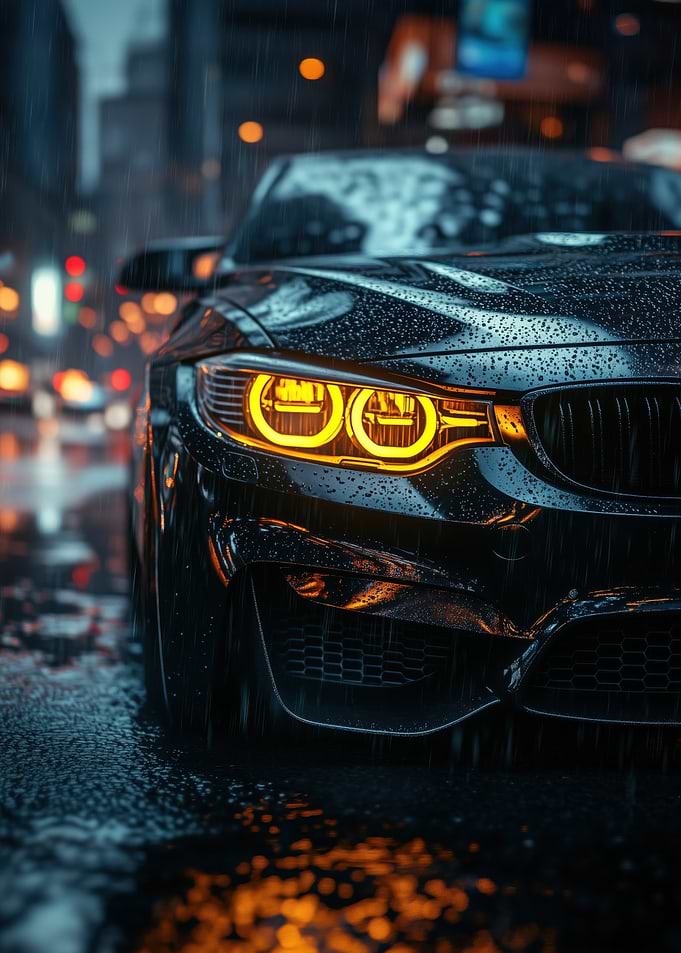 Black Car Headlights in Rain
