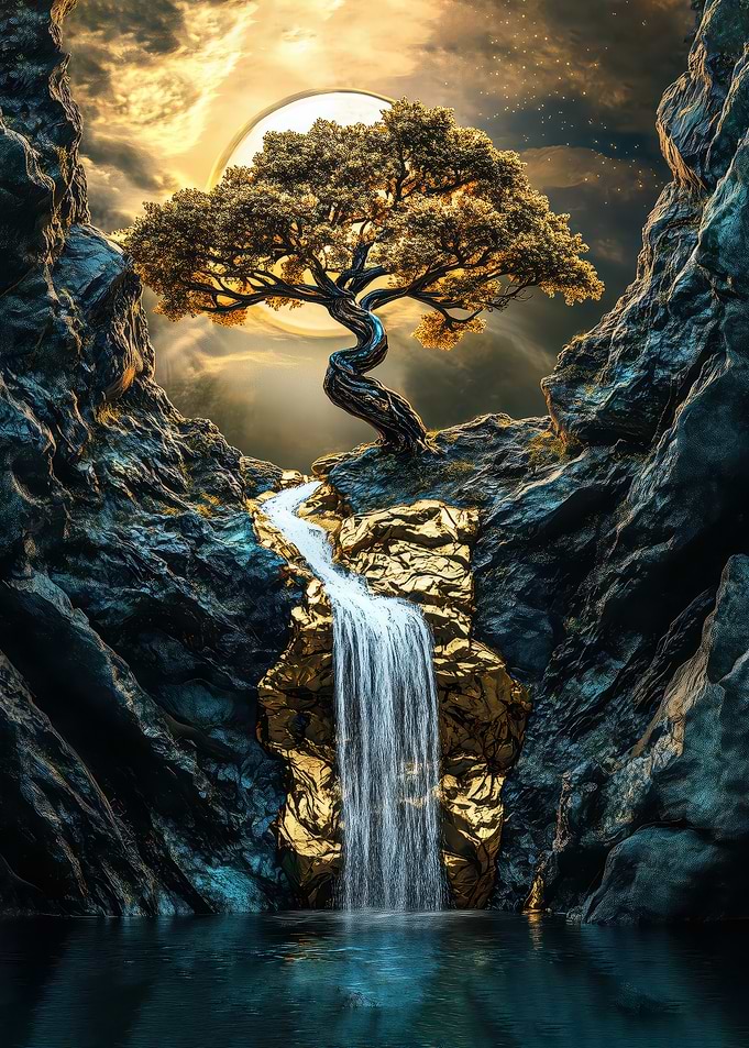Golden Waterfall in a Mystical Canyon