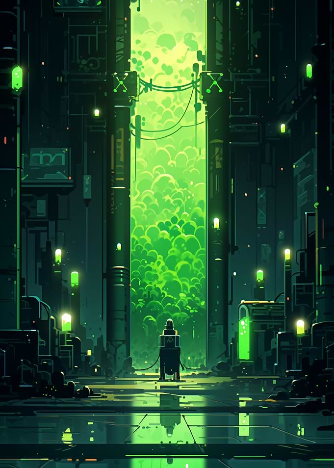 Cyberpunk Cityscape with Green Glow