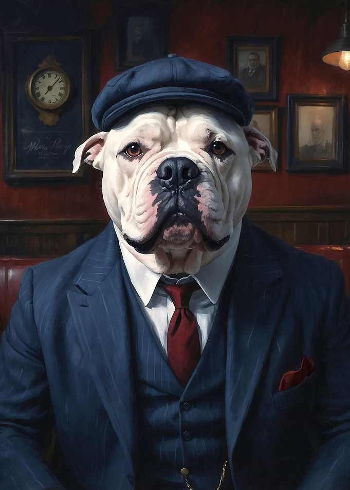 White XL Bully Dog Wearing a Suit in the Pub